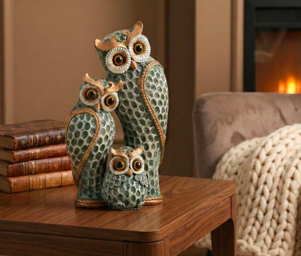 The Loving Owl Family Statue (Green)