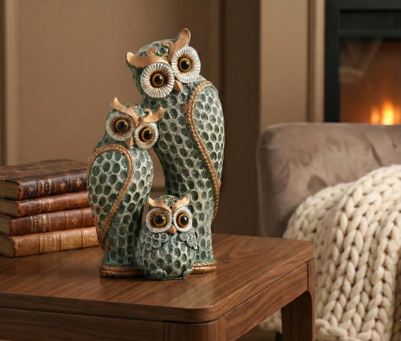 The Loving Owl Family Statue (Green)